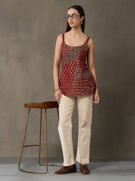 VASVI Women's Maroon Printed Cotton Casual Top