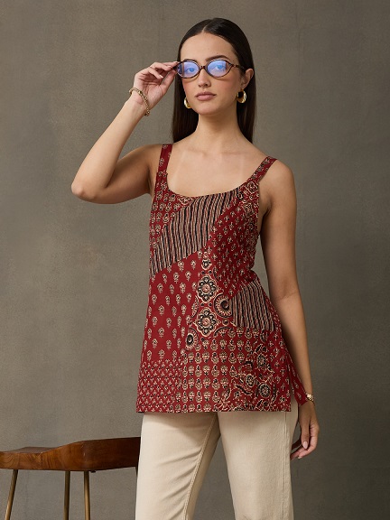 VASVI Women's Maroon Printed Cotton Casual Top
