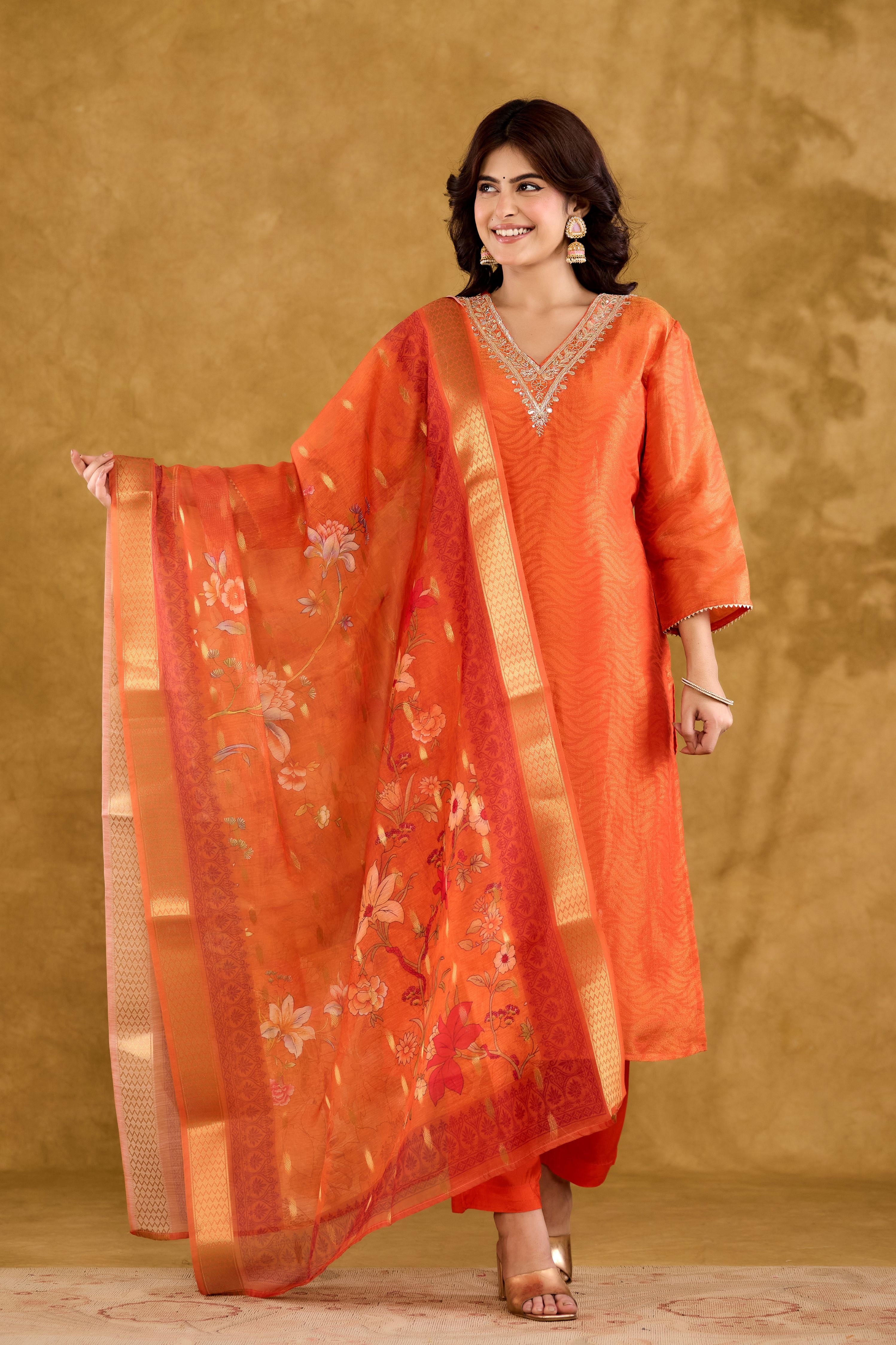 Jacquard fabric Adda work Straight Kurta With Trousers & Dupatta Set