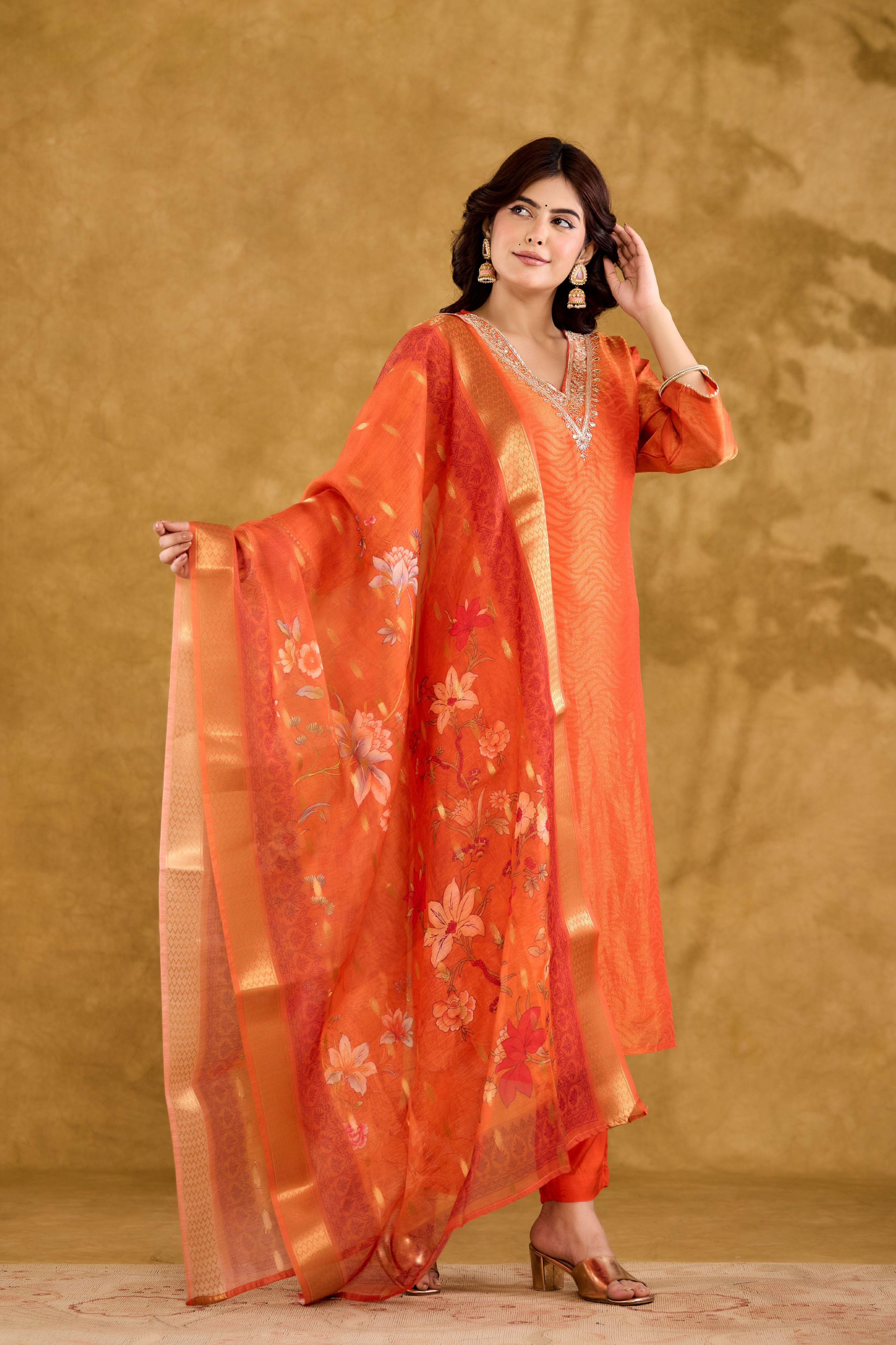 Jacquard fabric Adda work Straight Kurta With Trousers & Dupatta Set Hover