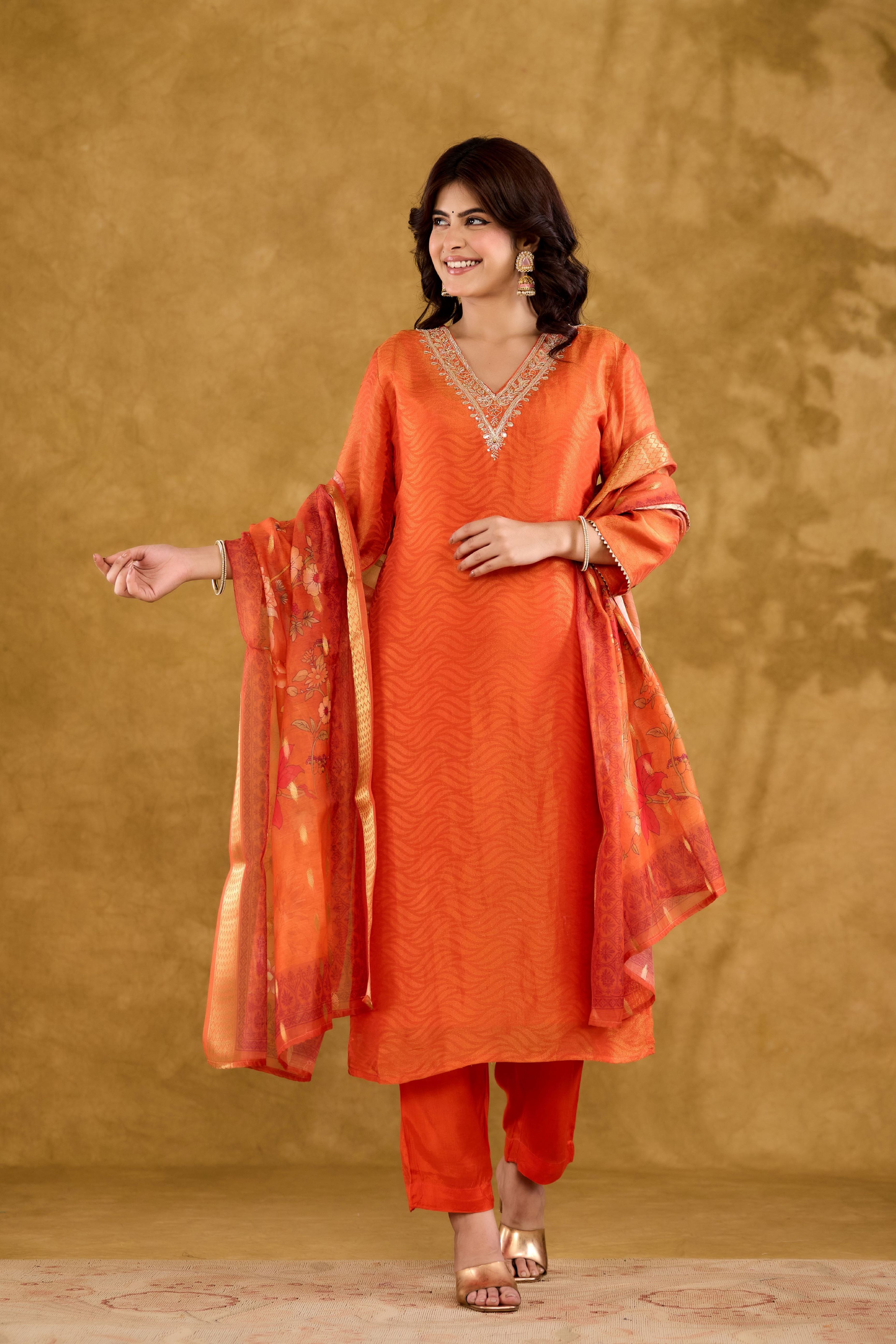 Jacquard fabric Adda work Straight Kurta With Trousers & Dupatta Set