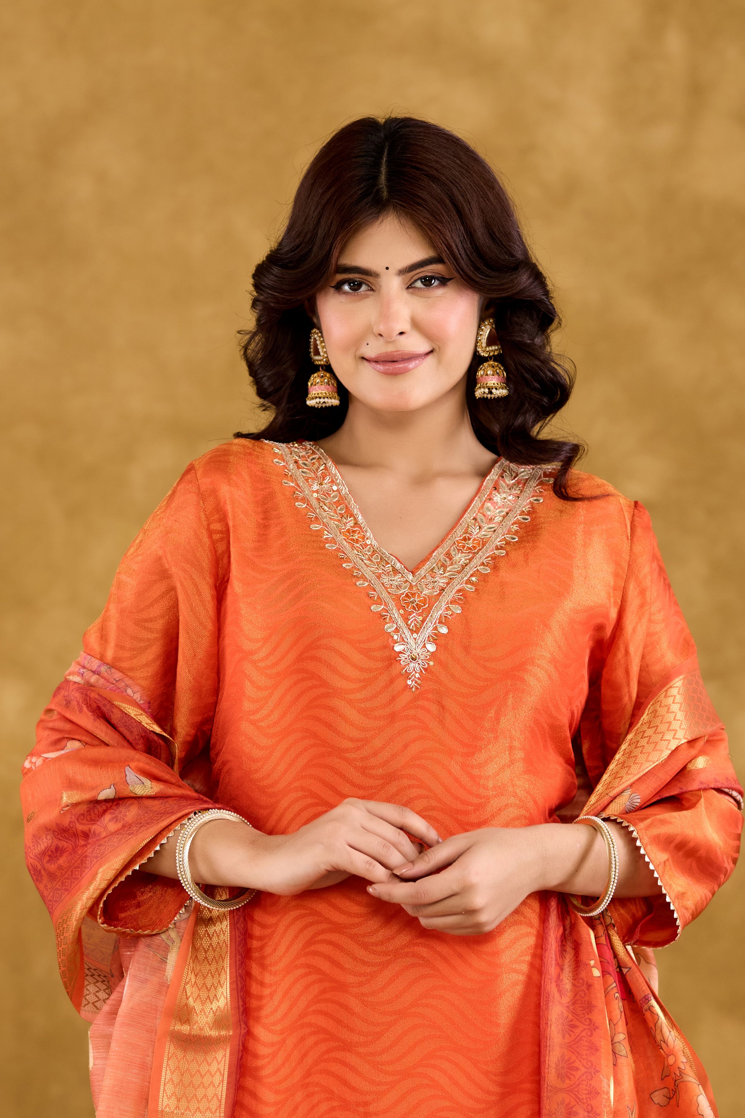 Jacquard fabric Adda work Straight Kurta With Trousers & Dupatta Set
