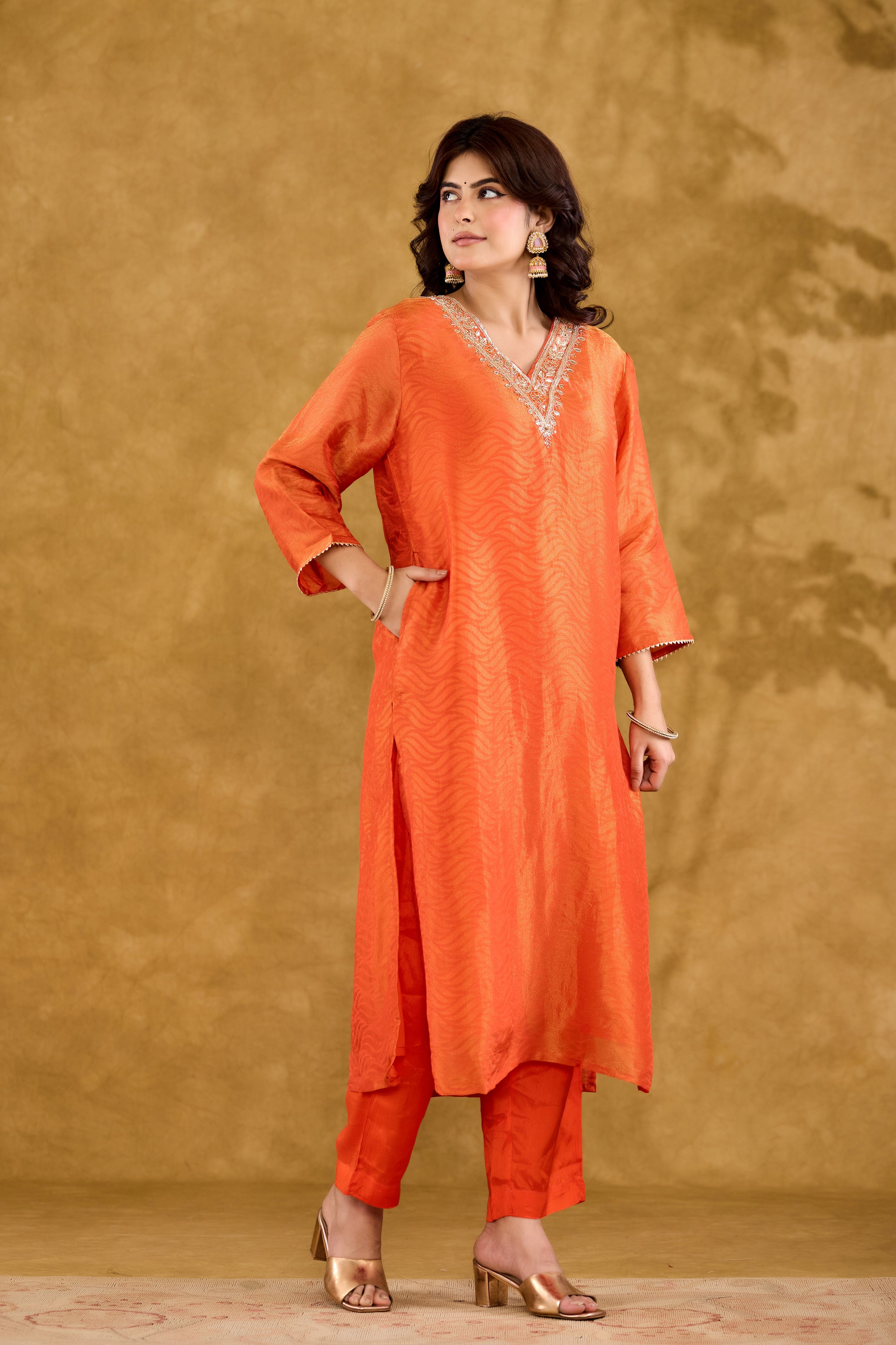 Jacquard fabric Adda work Straight Kurta With Trousers & Dupatta Set Hover