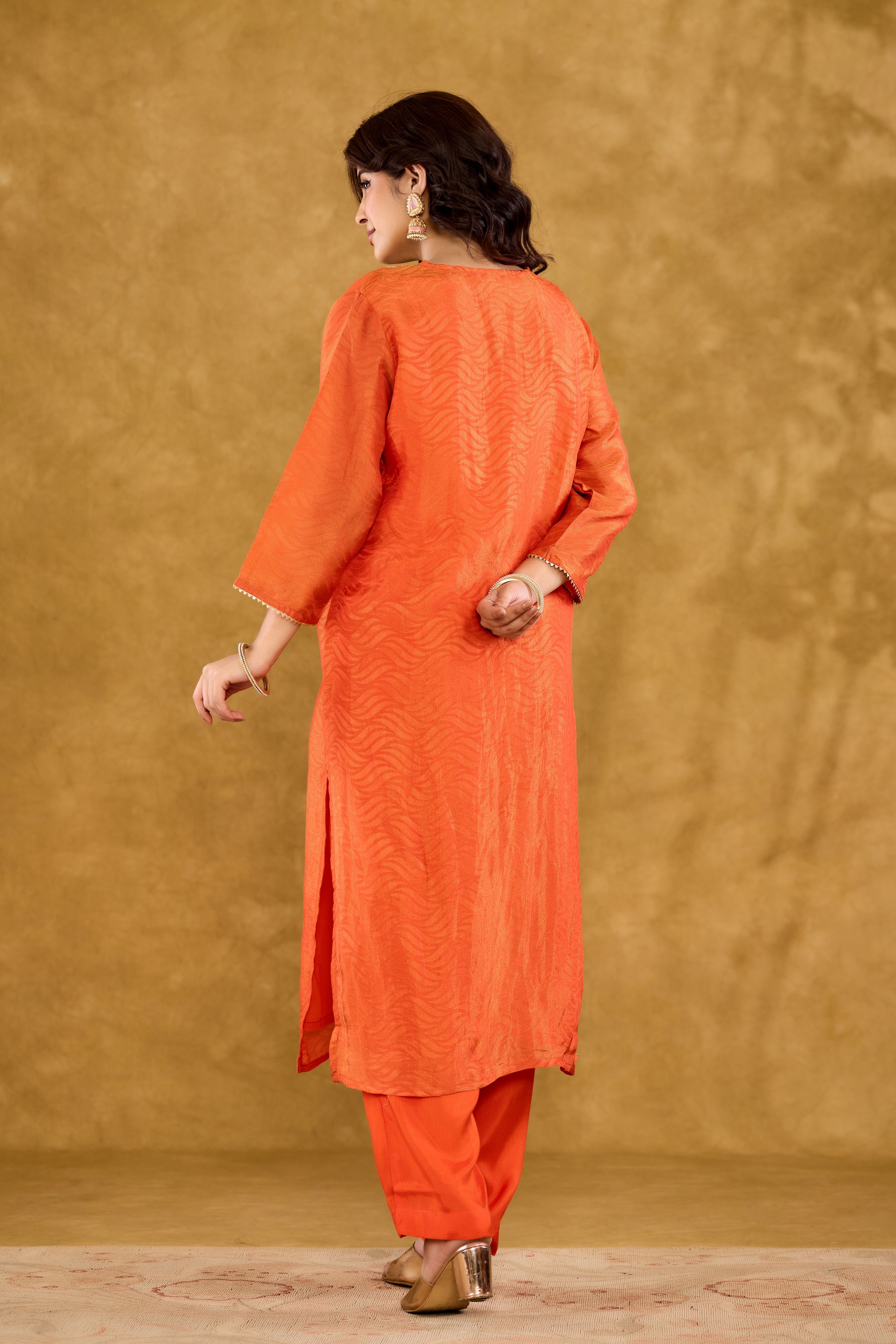 Jacquard fabric Adda work Straight Kurta With Trousers & Dupatta Set