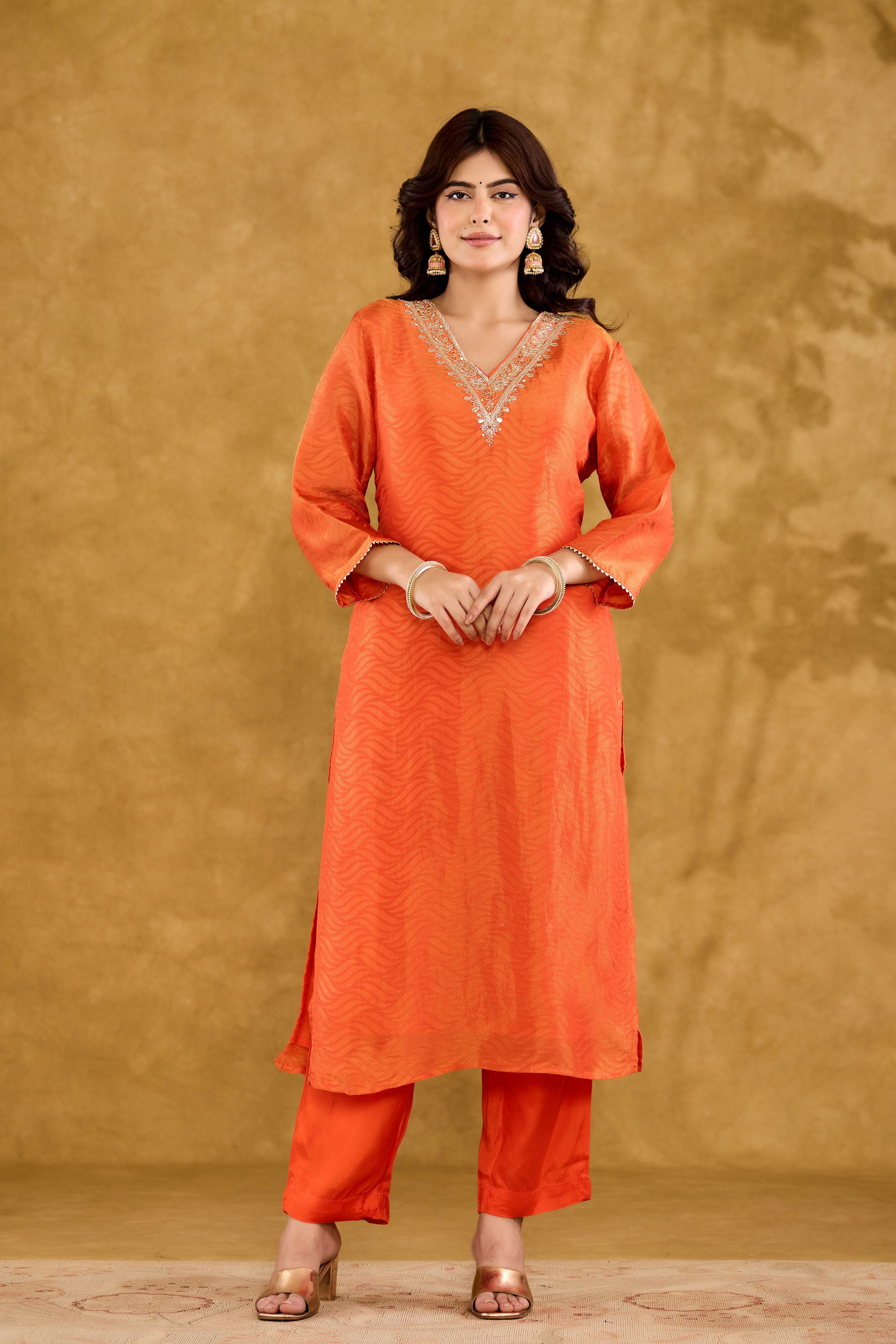 Jacquard fabric Adda work Straight Kurta With Trousers & Dupatta Set