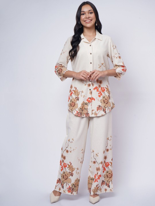 Cotton Floral Printed Collared Neck Top with Palazzo Co-Ords