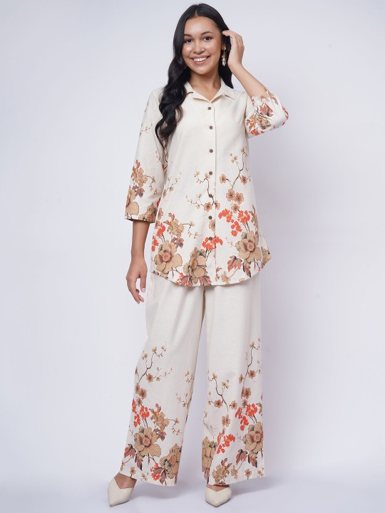 Cotton Floral Printed Collared Neck Top with Palazzo Co-Ords