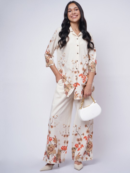 Cotton Floral Printed Collared Neck Top with Palazzo Co-Ords