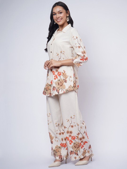 Cotton Floral Printed Collared Neck Top with Palazzo Co-Ords