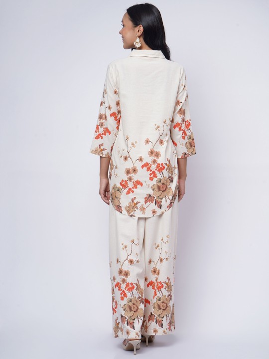 Cotton Floral Printed Collared Neck Top with Palazzo Co-Ords