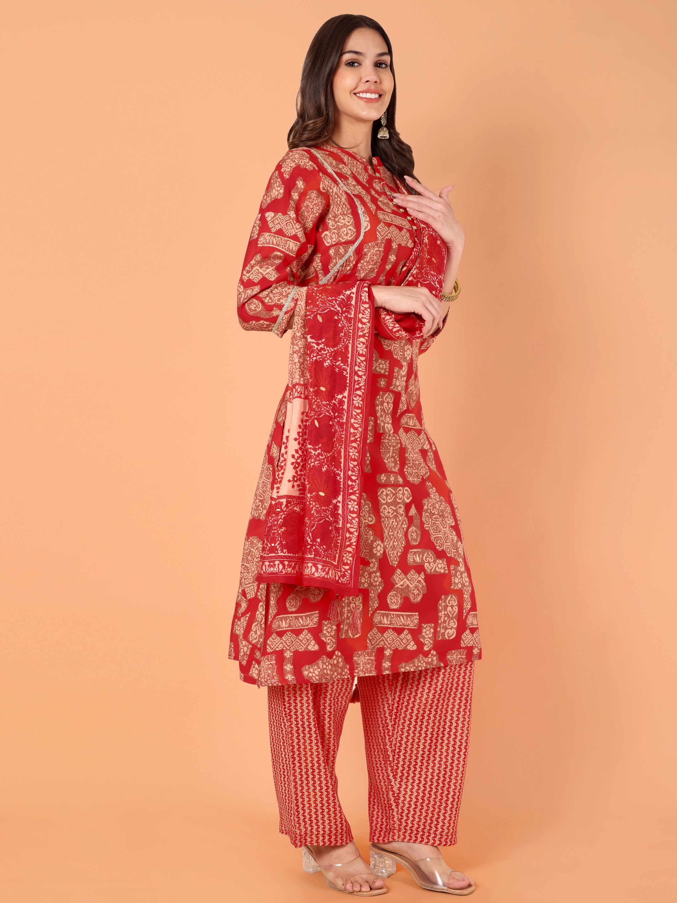 Women Printed Modal Chanderi Kurta Pant With Dupatta Set