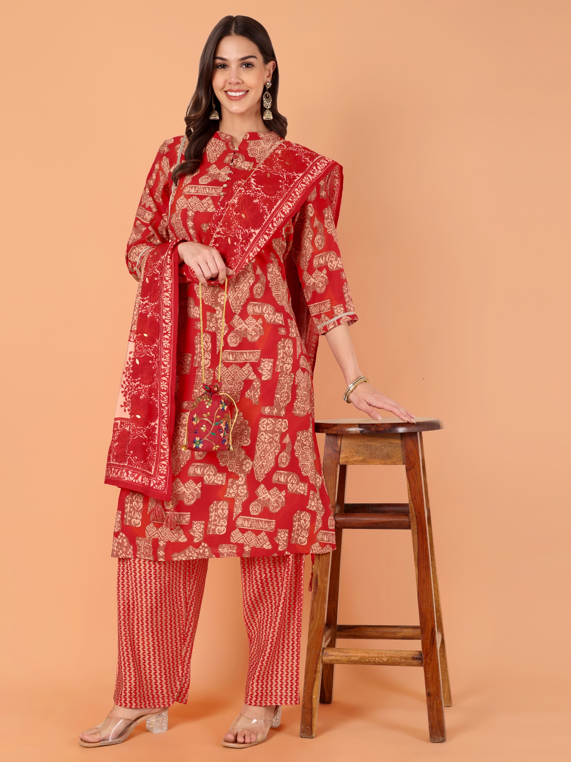 Women Printed Modal Chanderi Kurta Pant With Dupatta Set