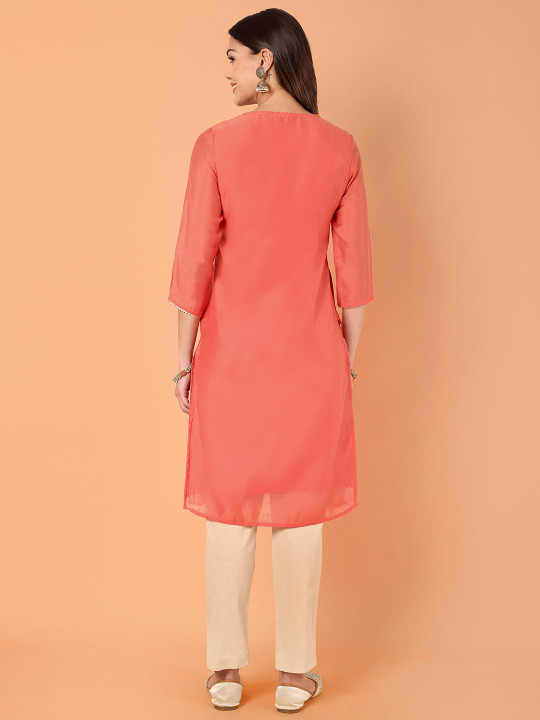 Floral Yoke Design Notch Neck Zari Chanderi Cotton Straight Kurta Hover