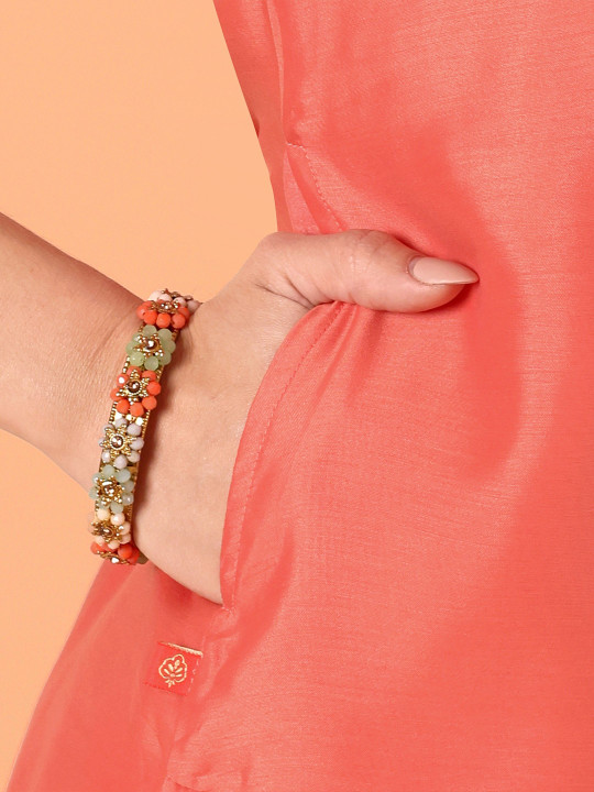 Floral Yoke Design Notch Neck Zari Chanderi Cotton Straight Kurta