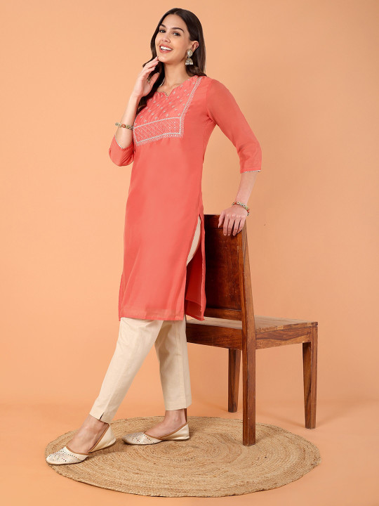 Floral Yoke Design Notch Neck Zari Chanderi Cotton Straight Kurta