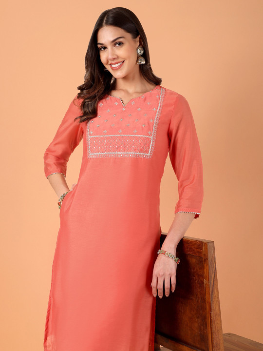 Floral Yoke Design Notch Neck Zari Chanderi Cotton Straight Kurta