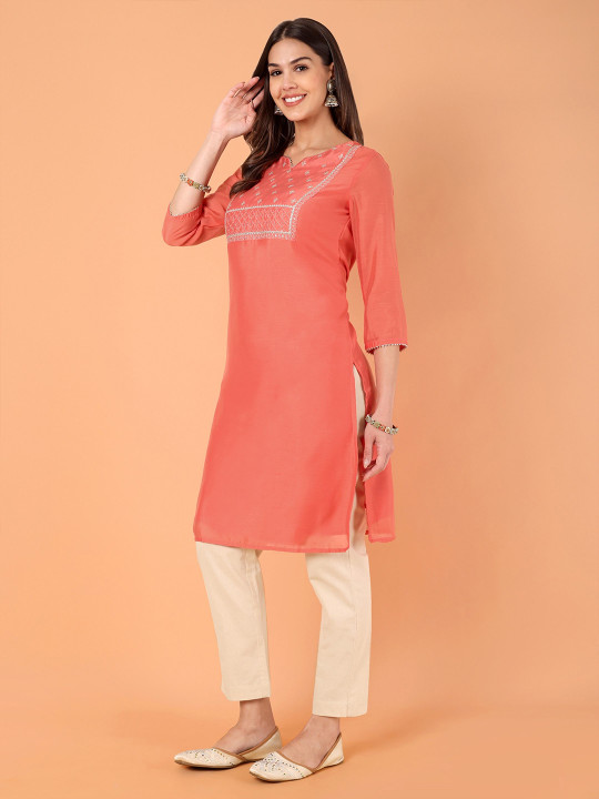 Floral Yoke Design Notch Neck Zari Chanderi Cotton Straight Kurta