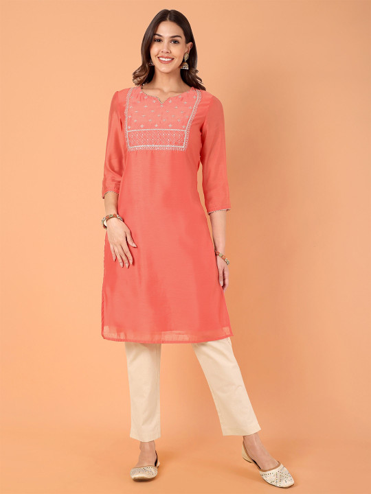 Floral Yoke Design Notch Neck Zari Chanderi Cotton Straight Kurta