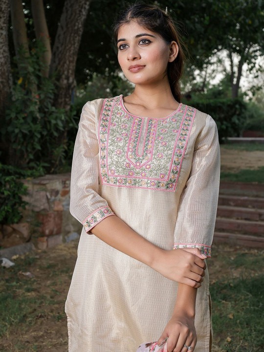 Kota Doriya Embroidered Regular Mirror Work Kurta,Trousers & Dupatta