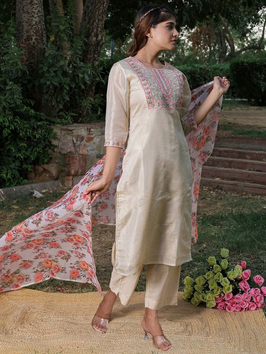 Kota Doriya Embroidered Regular Mirror Work Kurta,Trousers & Dupatta