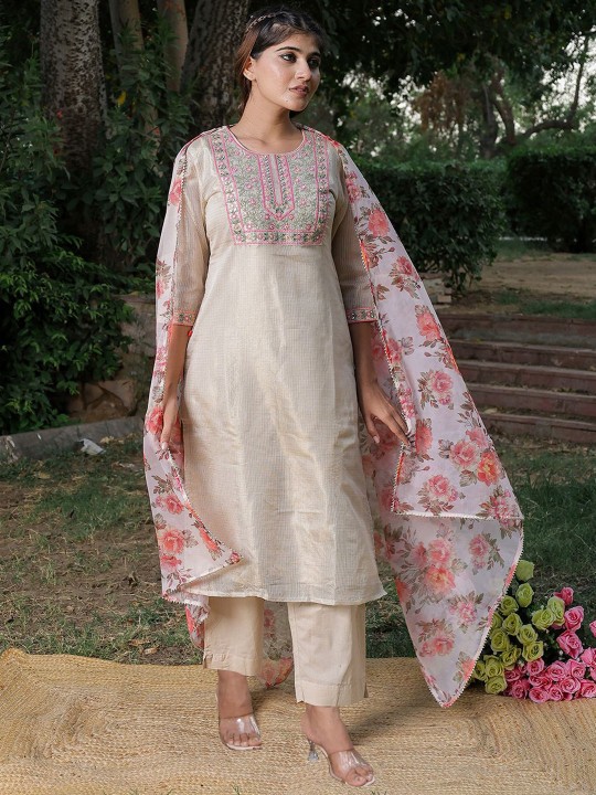 Kota Doriya Embroidered Regular Mirror Work Kurta,Trousers & Dupatta