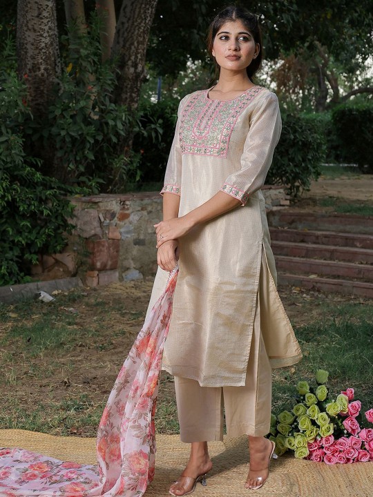 Kota Doriya Embroidered Regular Mirror Work Kurta,Trousers & Dupatta