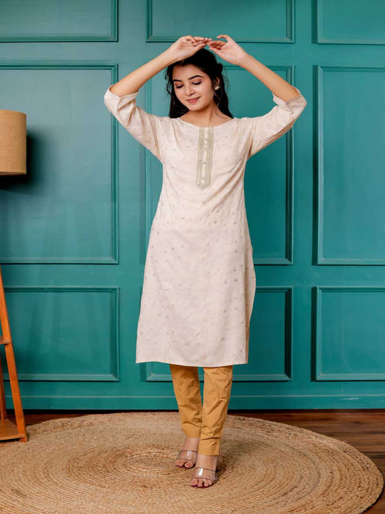 Rayon Polka Dot Printed Round Neck Straight Kurta