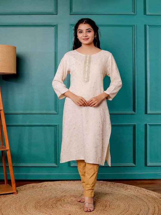 Rayon Polka Dot Printed Round Neck Straight Kurta