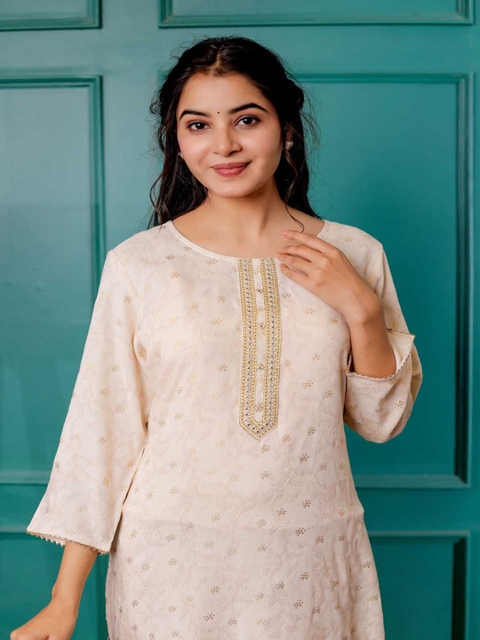 Rayon Polka Dot Printed Round Neck Straight Kurta