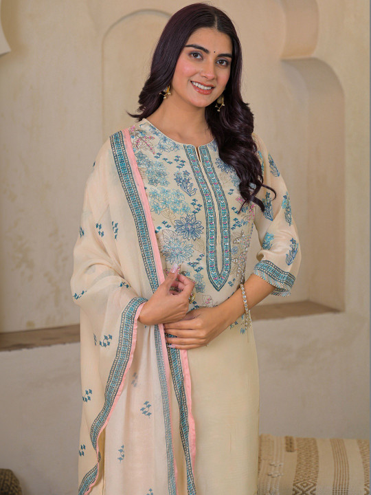 Women Floral Printed Crepe Adda Work Kurta with Trousers & Dupatta Set