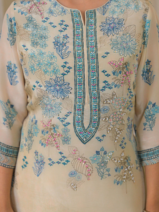 Women Floral Printed Crepe Adda Work Kurta with Trousers & Dupatta Set Hover