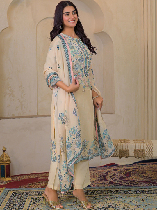 Women Floral Printed Crepe Adda Work Kurta with Trousers & Dupatta Set