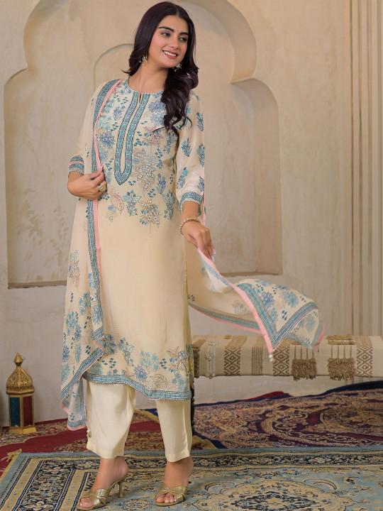 Women Floral Printed Crepe Adda Work Kurta with Trousers & Dupatta Set