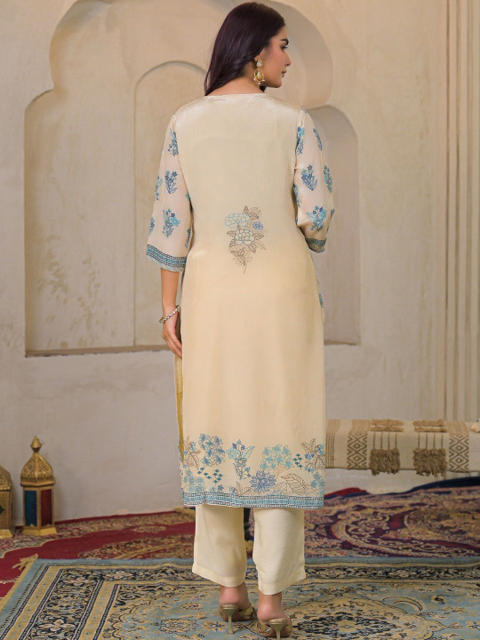 Women Floral Printed Crepe Adda Work Kurta with Trousers & Dupatta Set