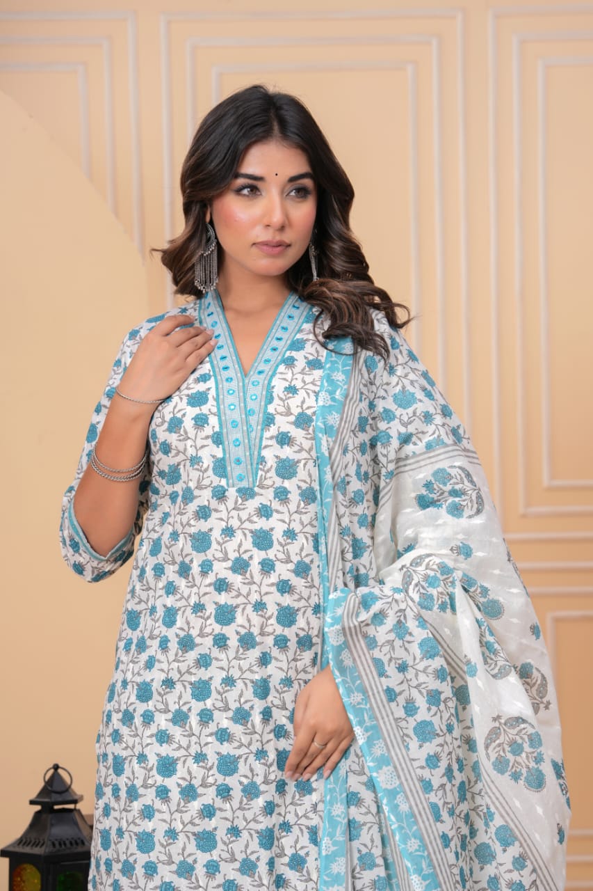 Floral Printed Pure Cotton V-Neck Straight Kurta With Trousers & Dupatta