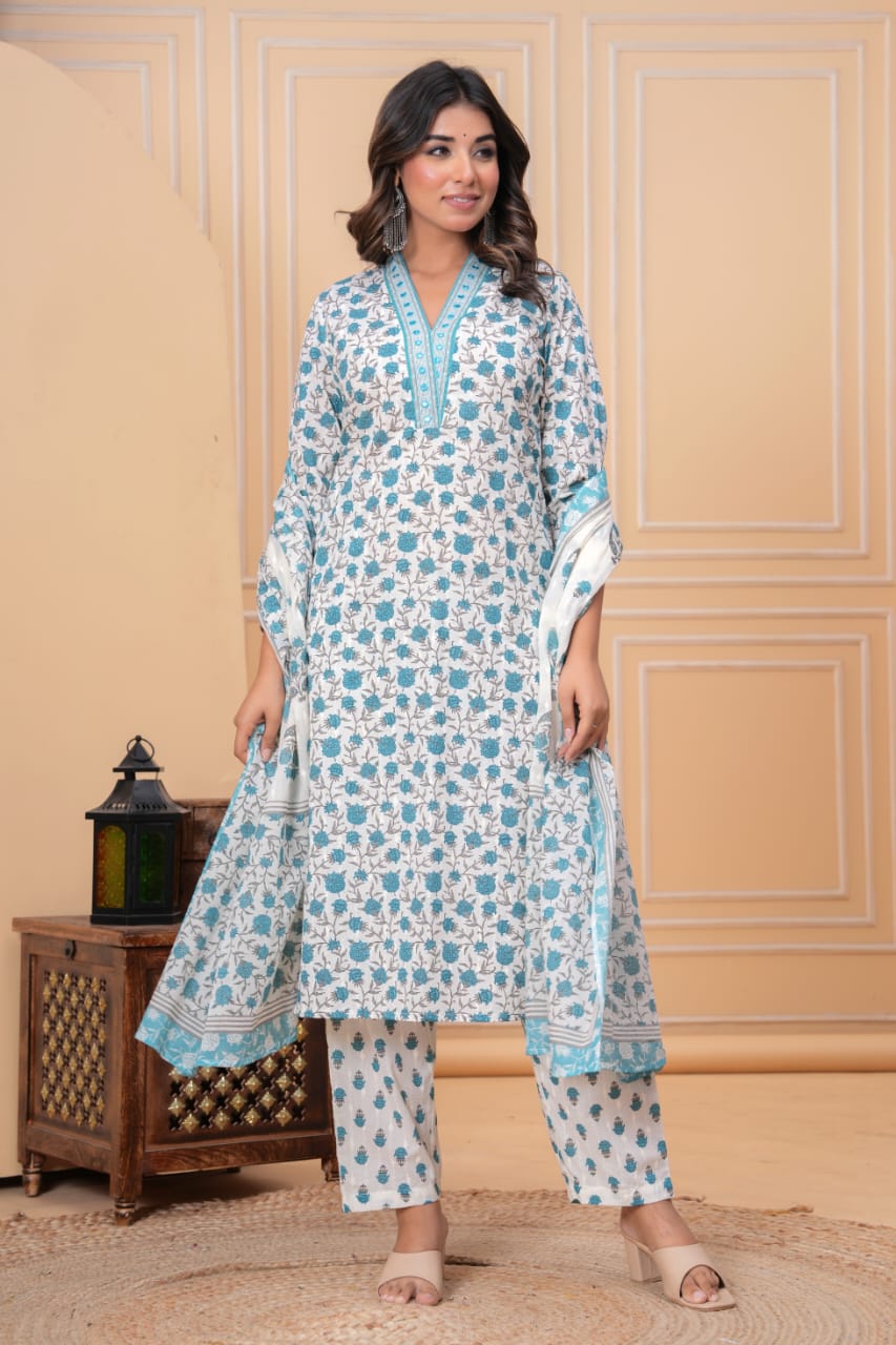 Floral Printed Pure Cotton V-Neck Straight Kurta With Trousers & Dupatta