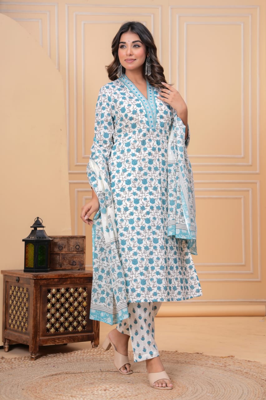 Floral Printed Pure Cotton V-Neck Straight Kurta With Trousers & Dupatta