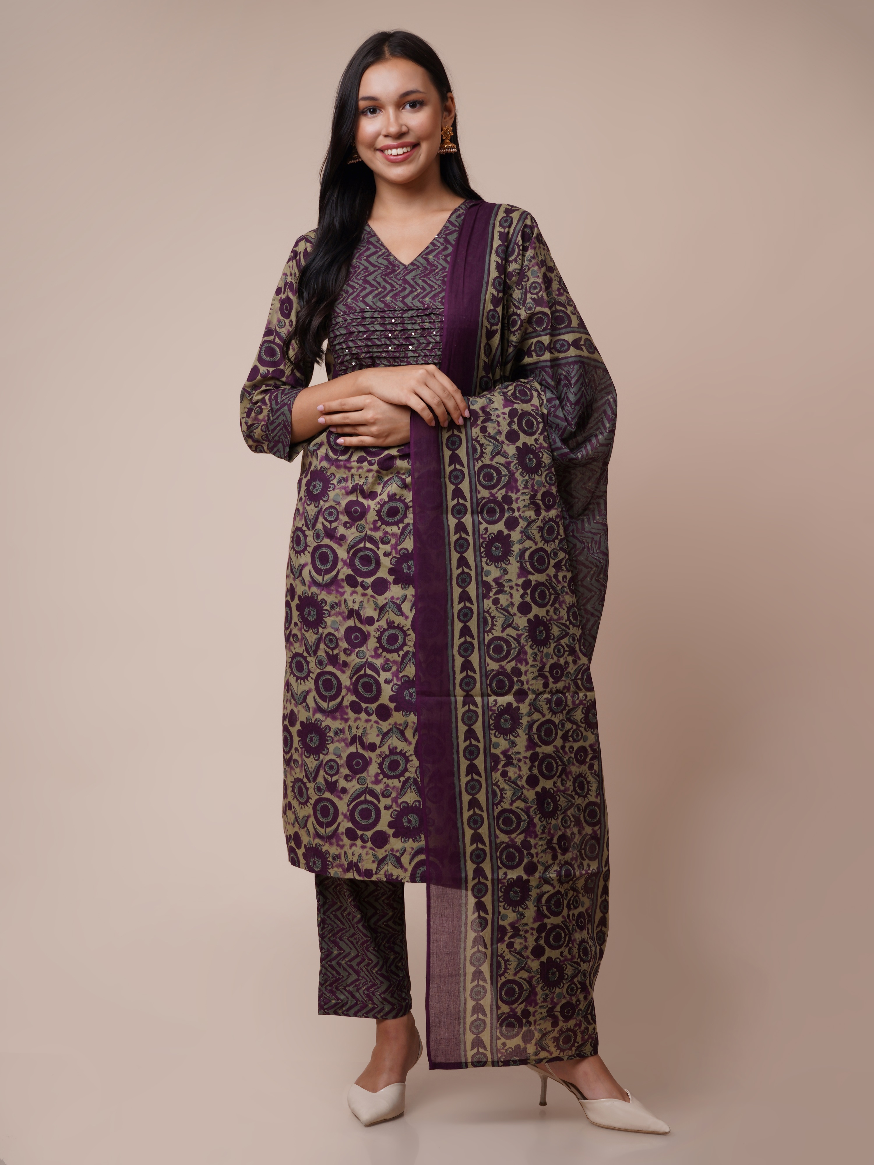 Cotton Floral Printed Handwork Straight Kurta, Pant With Dupatta Set