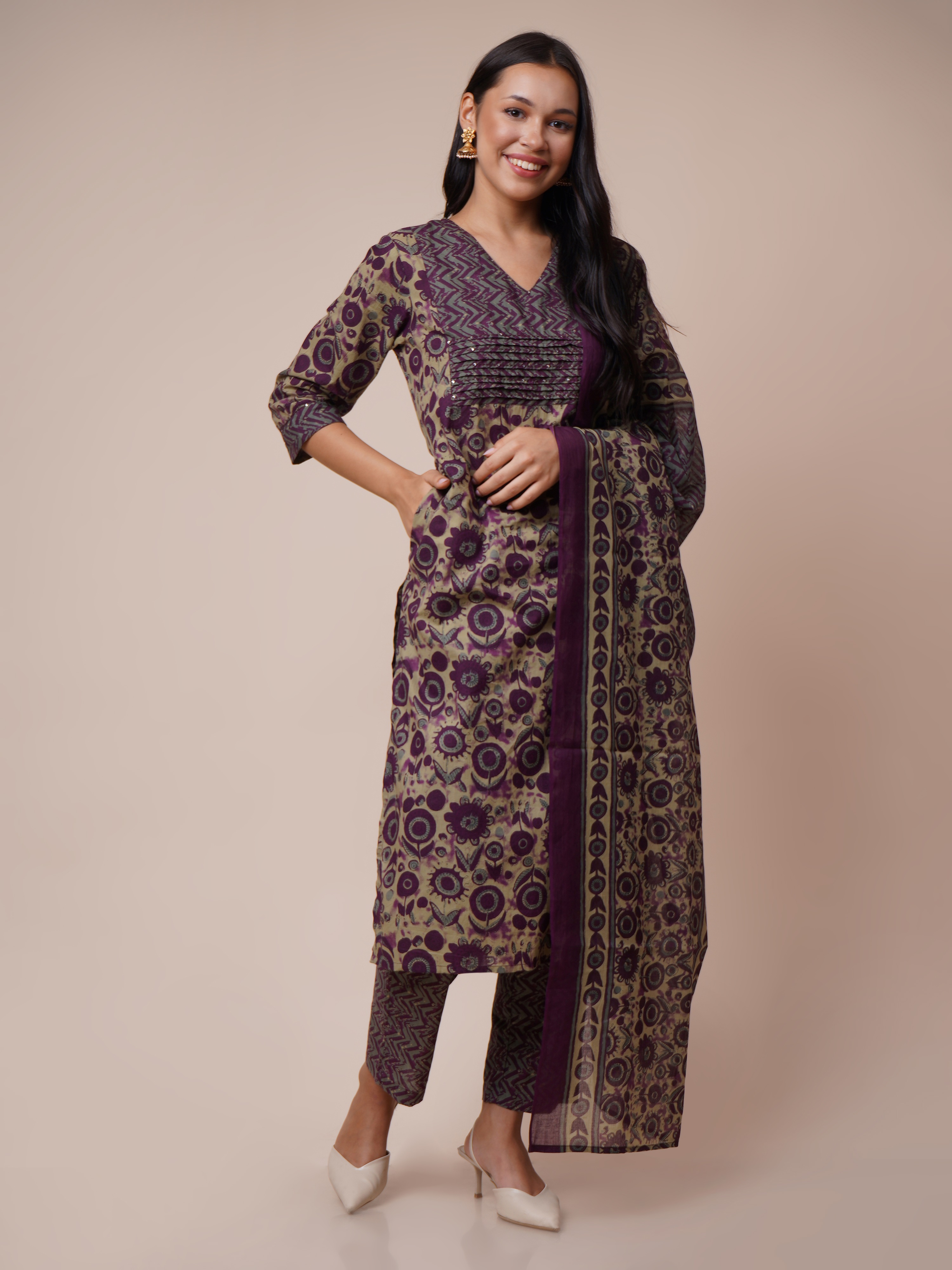 Cotton Floral Printed Handwork Straight Kurta, Pant With Dupatta Set Hover