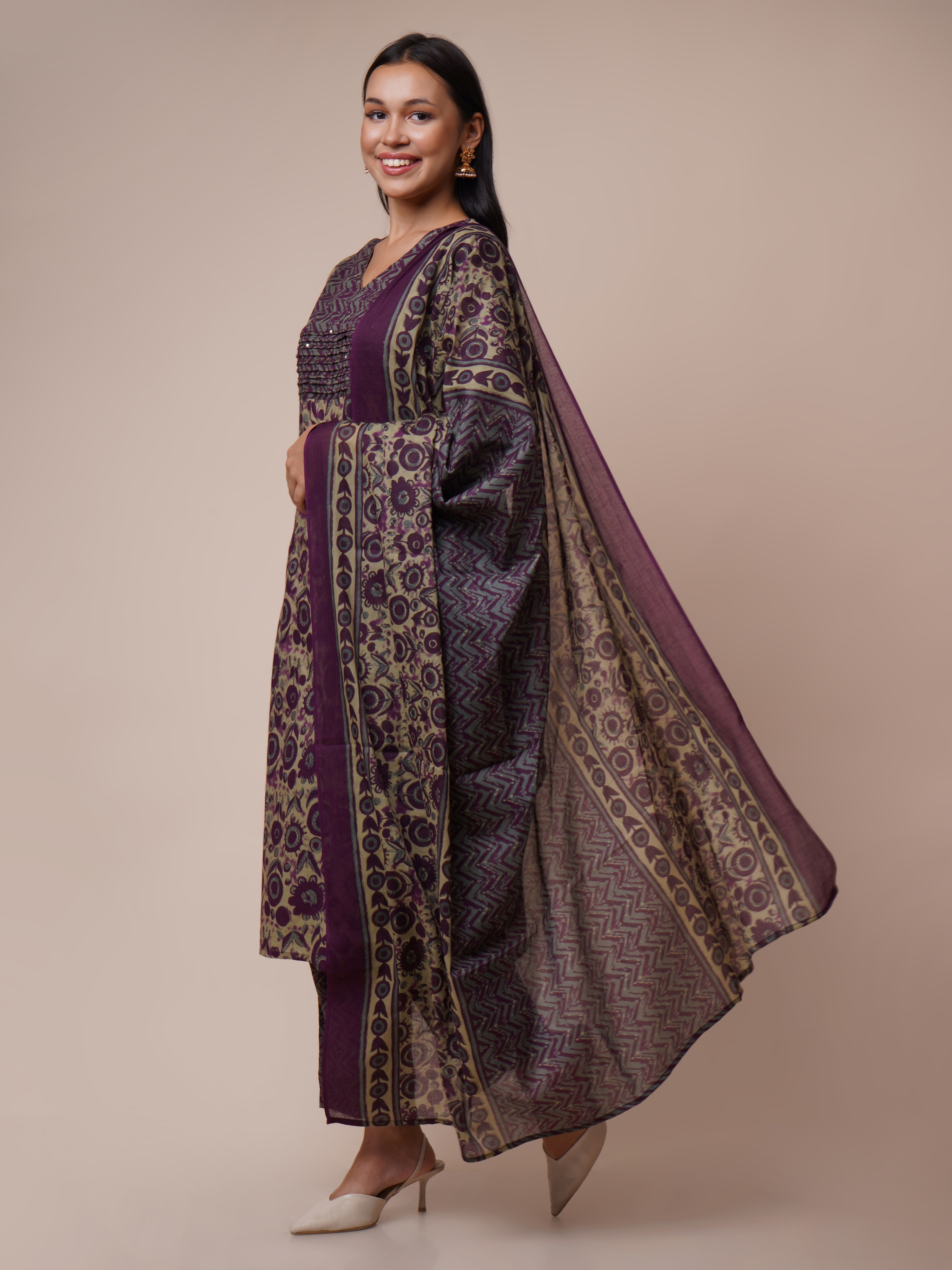Cotton Floral Printed Handwork Straight Kurta, Pant With Dupatta Set