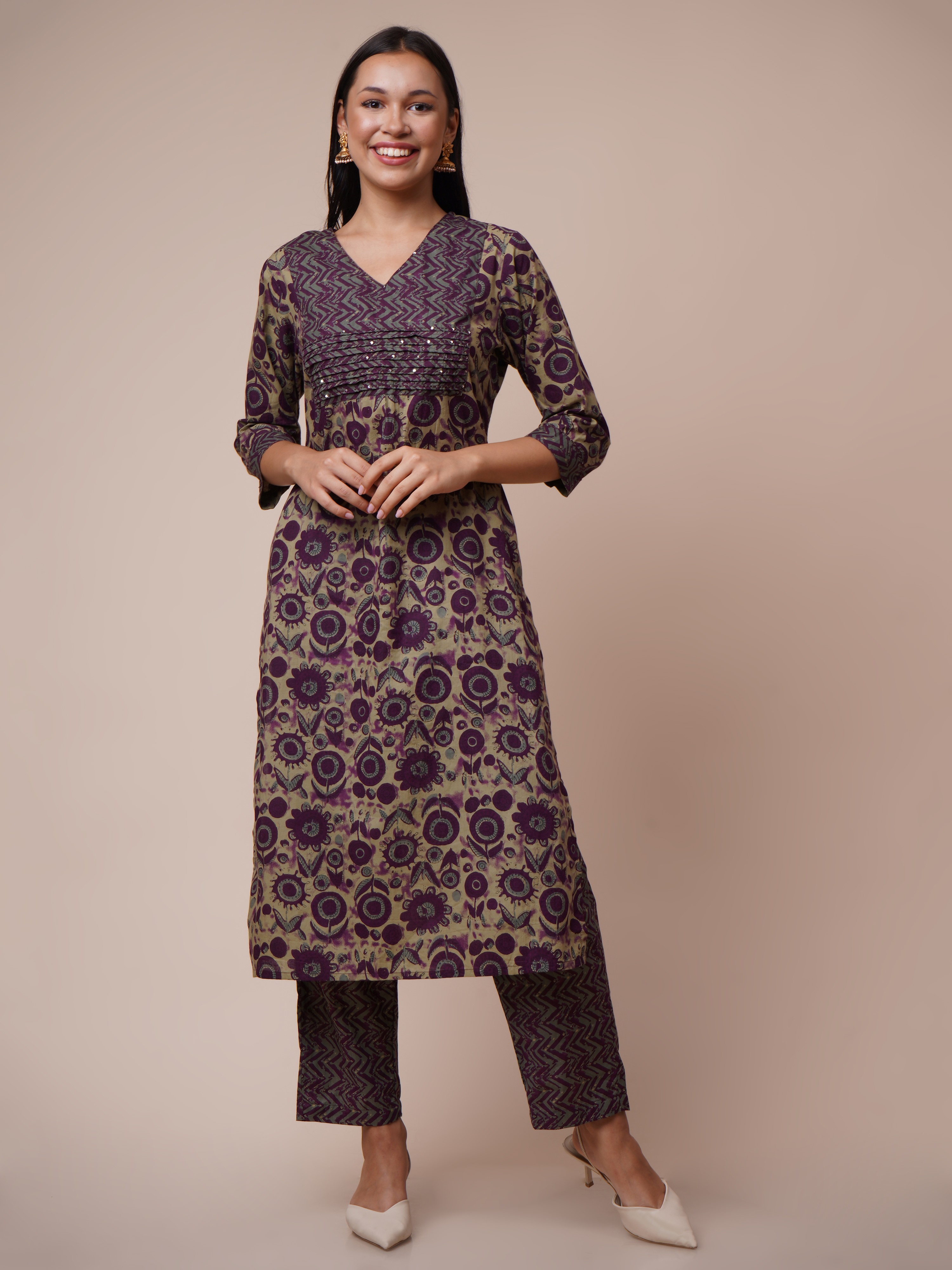 Cotton Floral Printed Handwork Straight Kurta, Pant With Dupatta Set