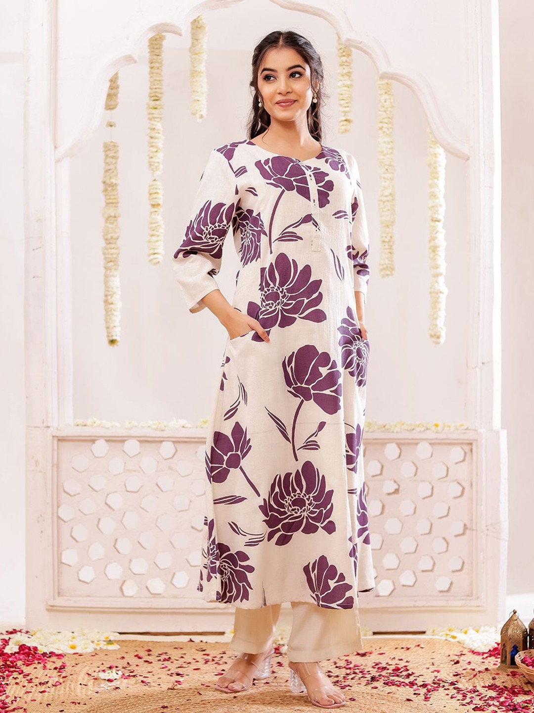 VASVI Floral Printed Thread Work Round Neck A-Line Kurta