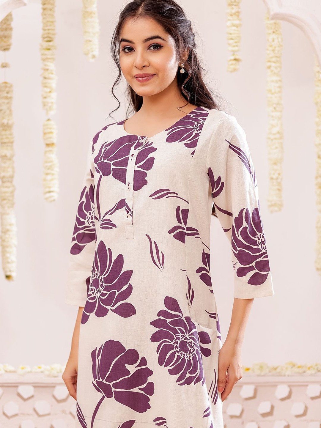 VASVI Floral Printed Thread Work Round Neck A-Line Kurta