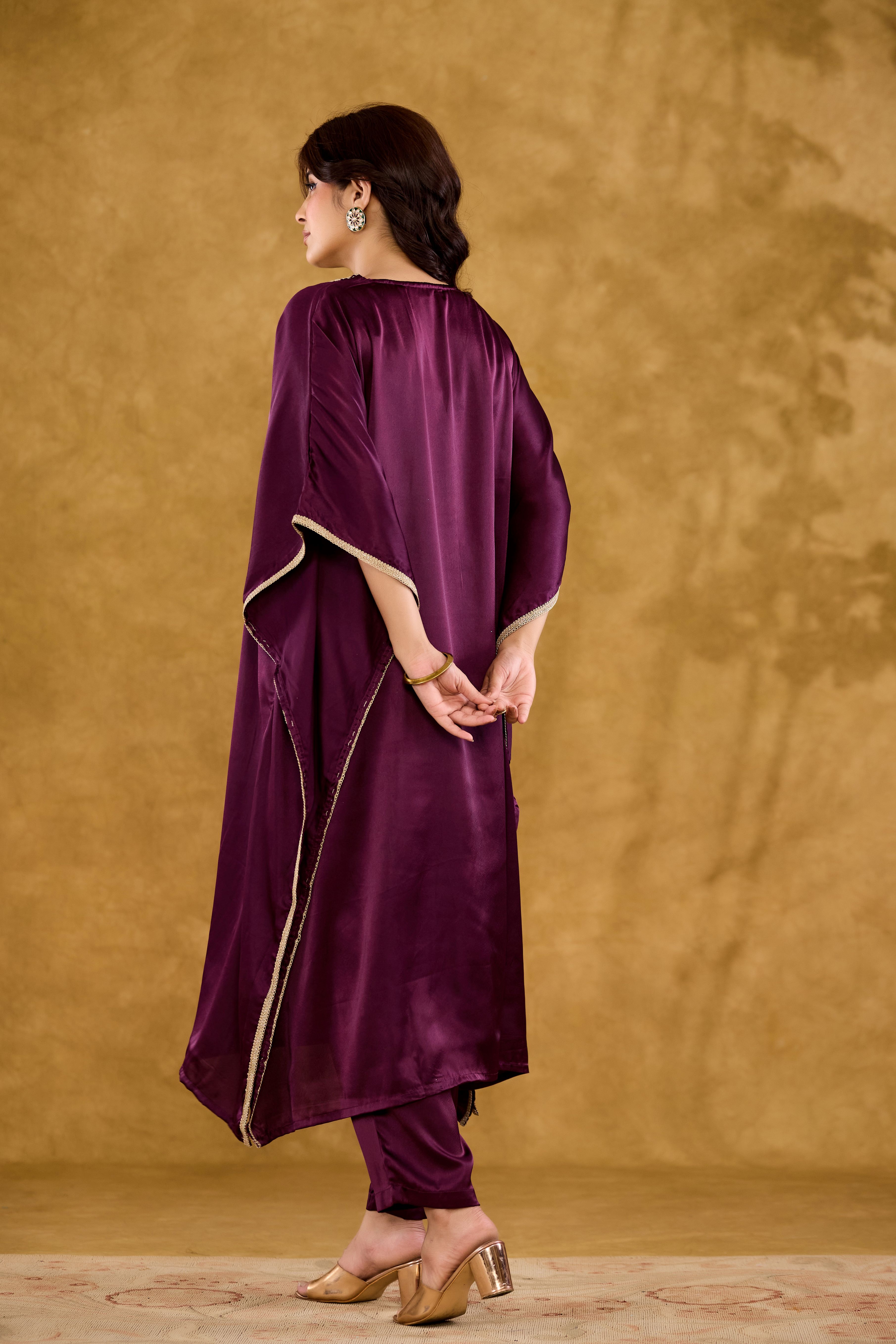 Satin Embroidered V-Neck Kaftan Kurta with Trousers