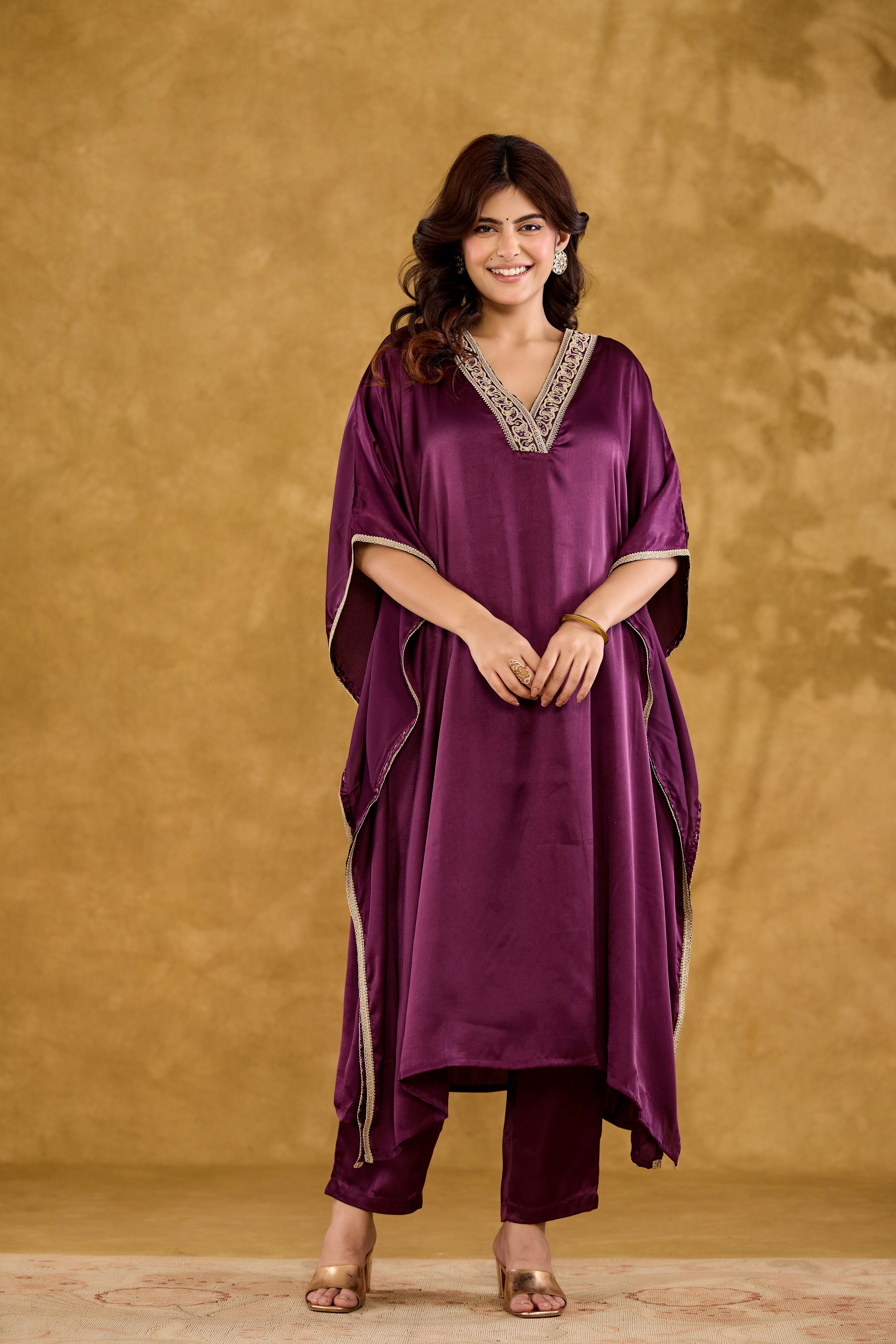 Satin Embroidered V-Neck Kaftan Kurta with Trousers
