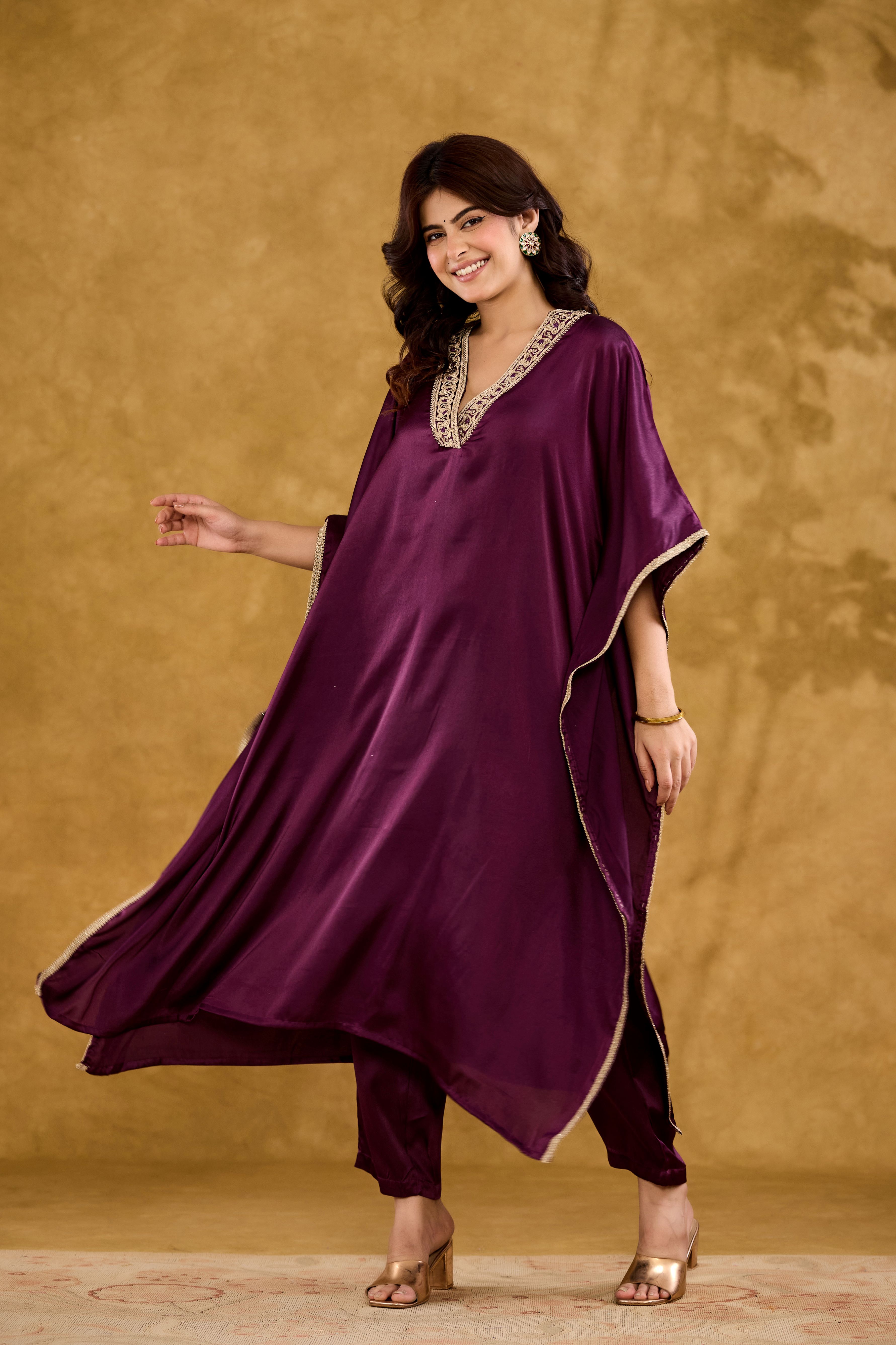 Satin Embroidered V-Neck Kaftan Kurta with Trousers