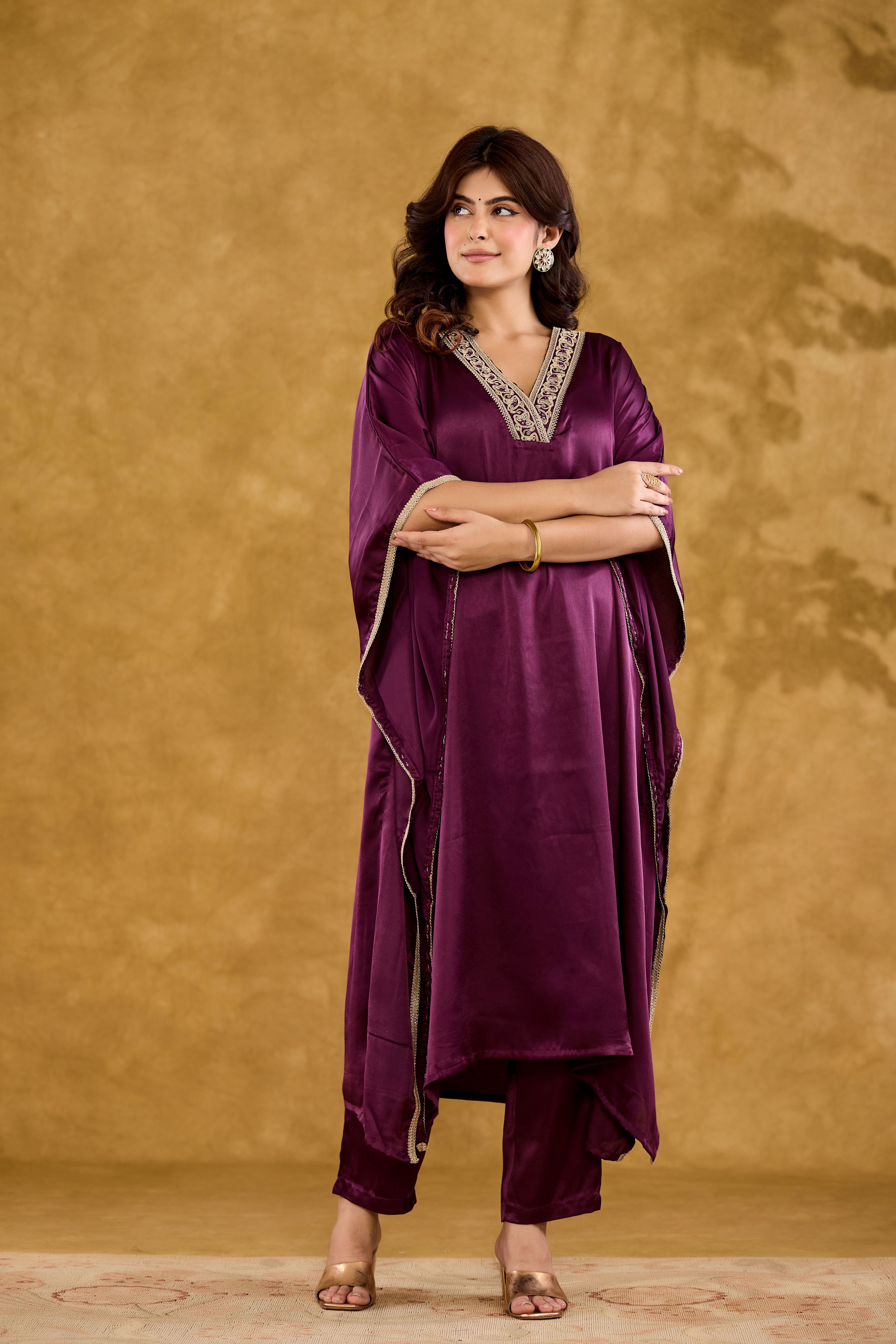 Satin Embroidered V-Neck Kaftan Kurta with Trousers