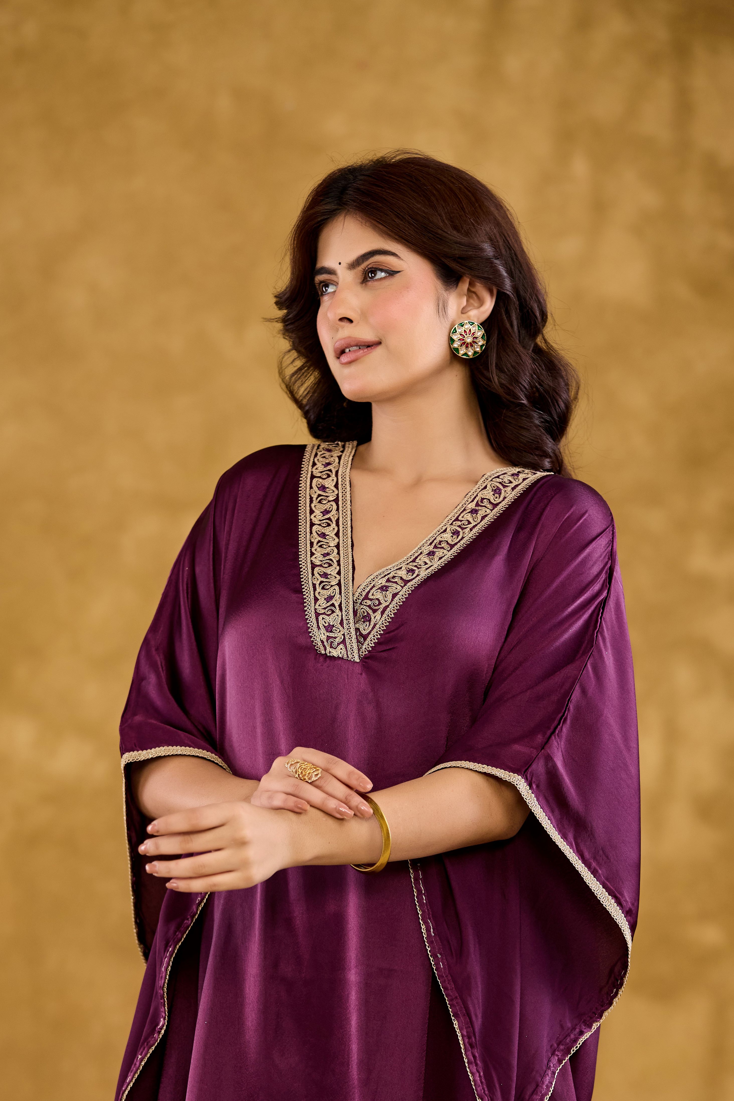 Satin Embroidered V-Neck Kaftan Kurta with Trousers