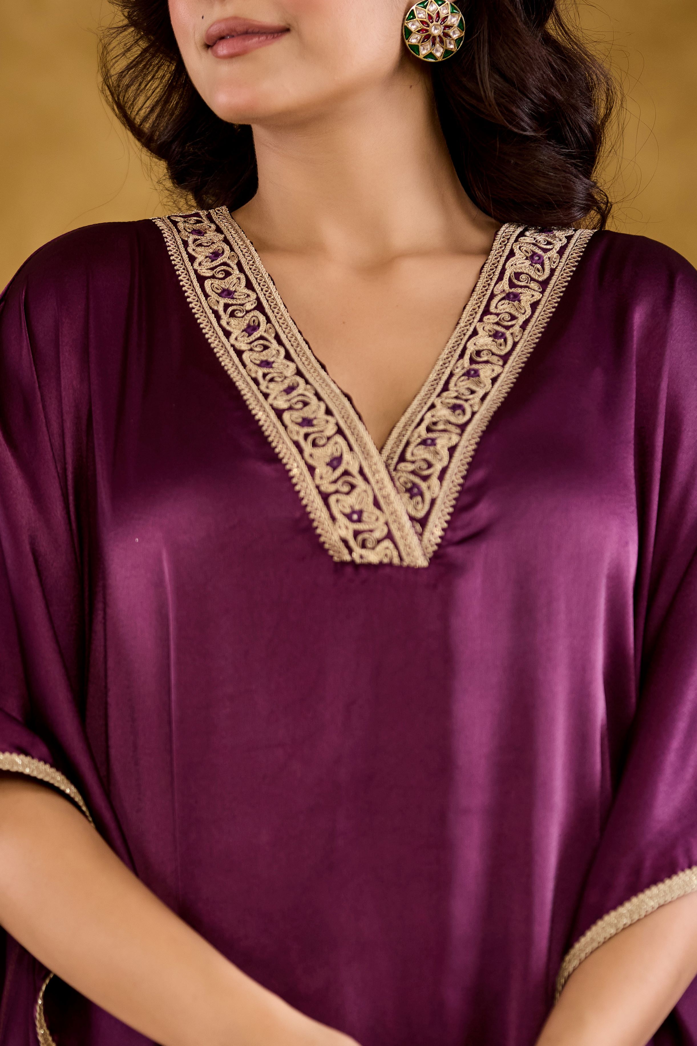 Satin Embroidered V-Neck Kaftan Kurta with Trousers