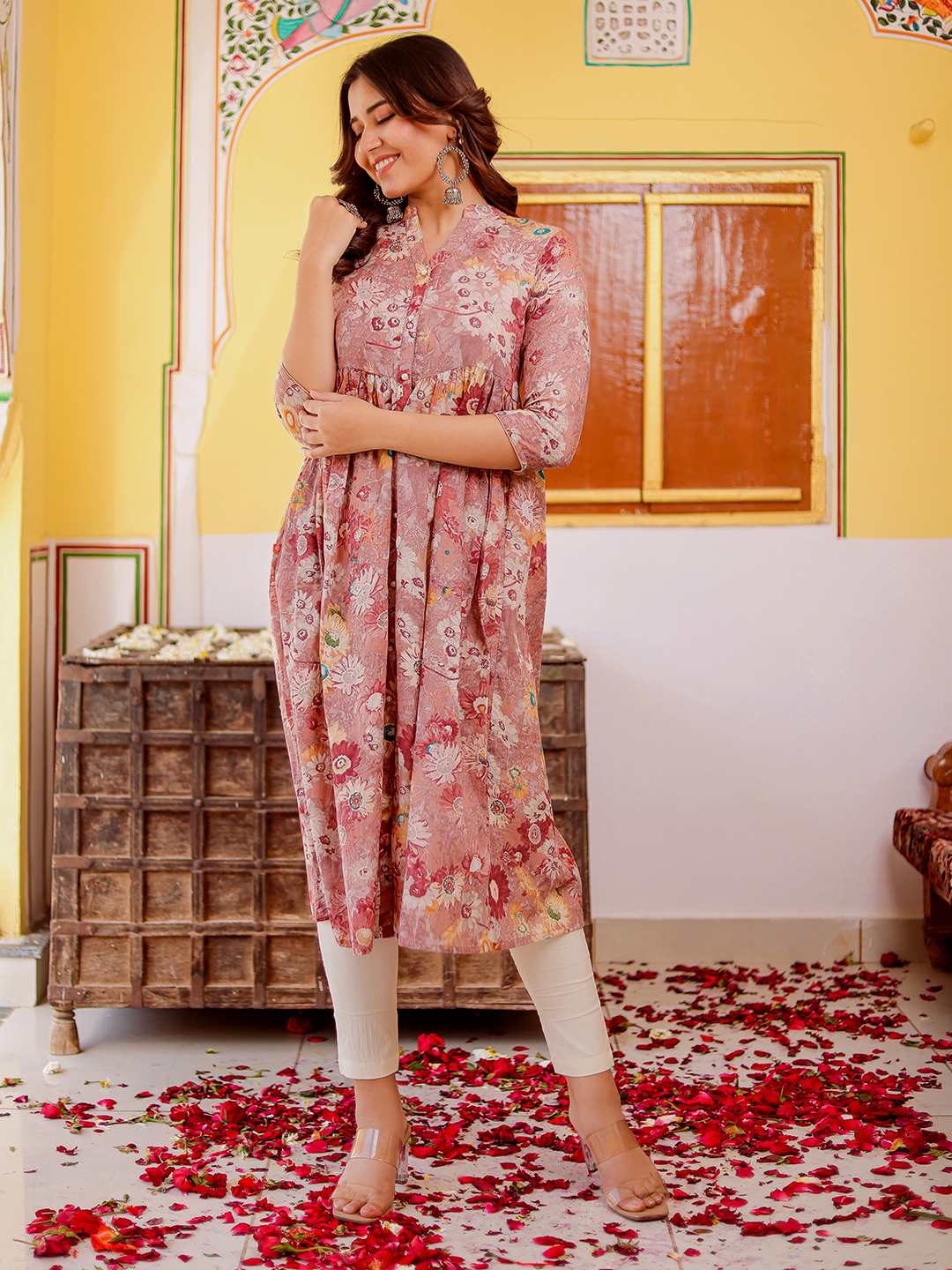 Women's  Muslin Floral Printed A-Line Ethnic Dress